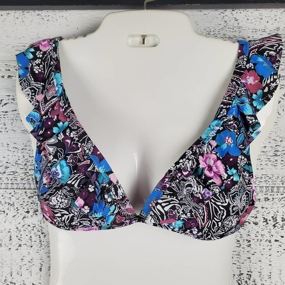 Shade & Shore Tropical Black Floral 2 Piece Swimsuit Ruffled Bikini Set - Picture 2 of 8